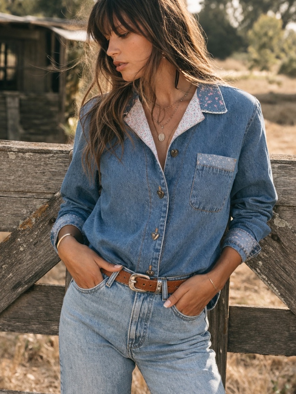 Vintage Teddi Denim Shirt Heart Button Up Floral Trim Western Cottagecore Top M - Picture 9 of 9